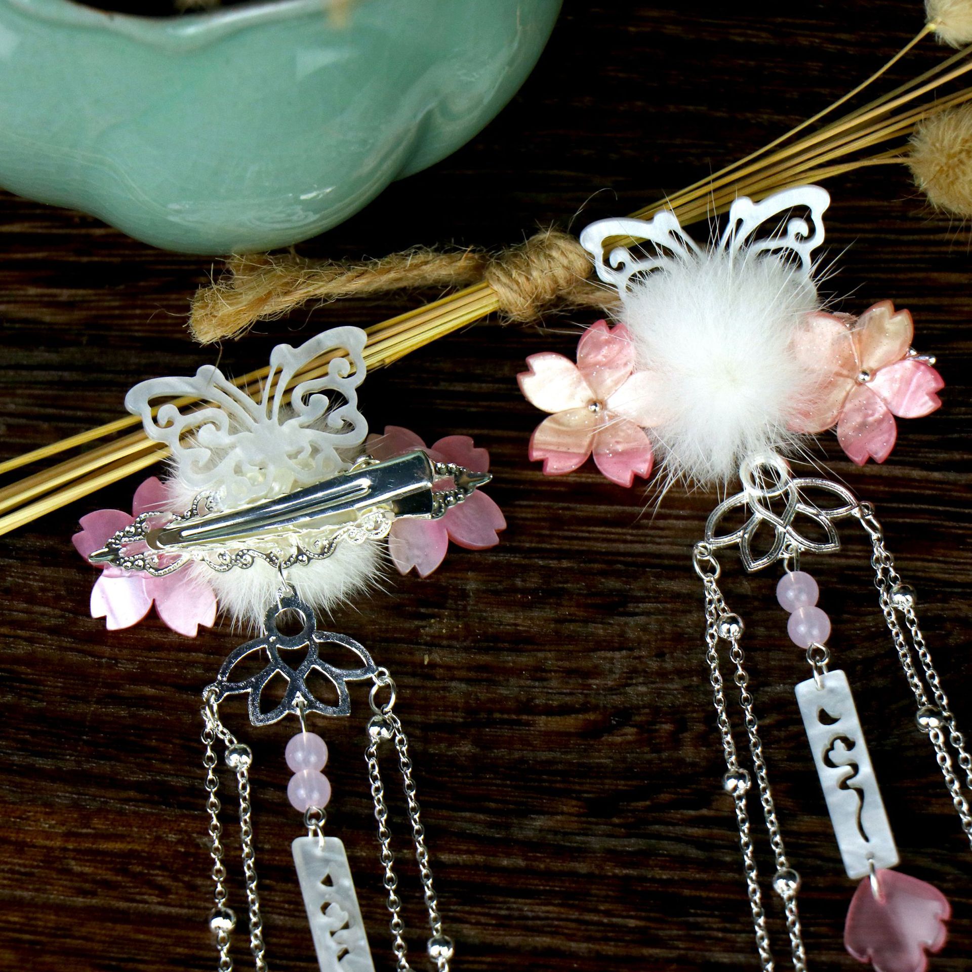 贰玥汉服发饰 貂毛花朵对夹古风头饰汉服配饰儿童拜年饰品批发