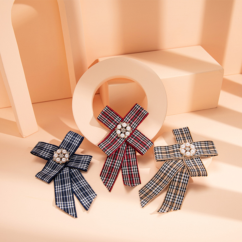 欧美流行复古英伦风蝴蝶结镶嵌珍珠布艺格子领针衣服配饰胸针