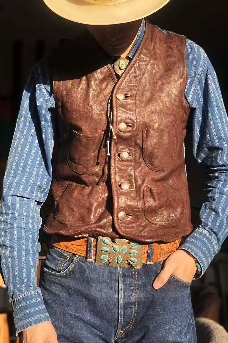 新品真皮马甲男复刻rrl2015老款西部牛仔马甲山羊皮配手织布坎肩