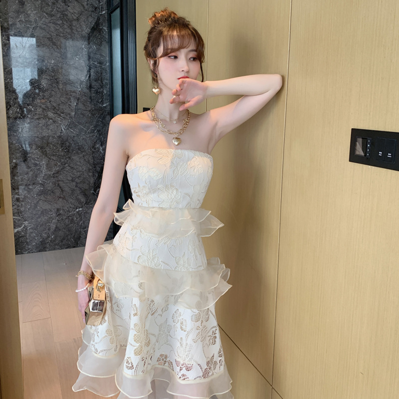 礼服女2020夏装新款衣服露肩抹胸拼接荷叶边洋气短裙连衣裙3829