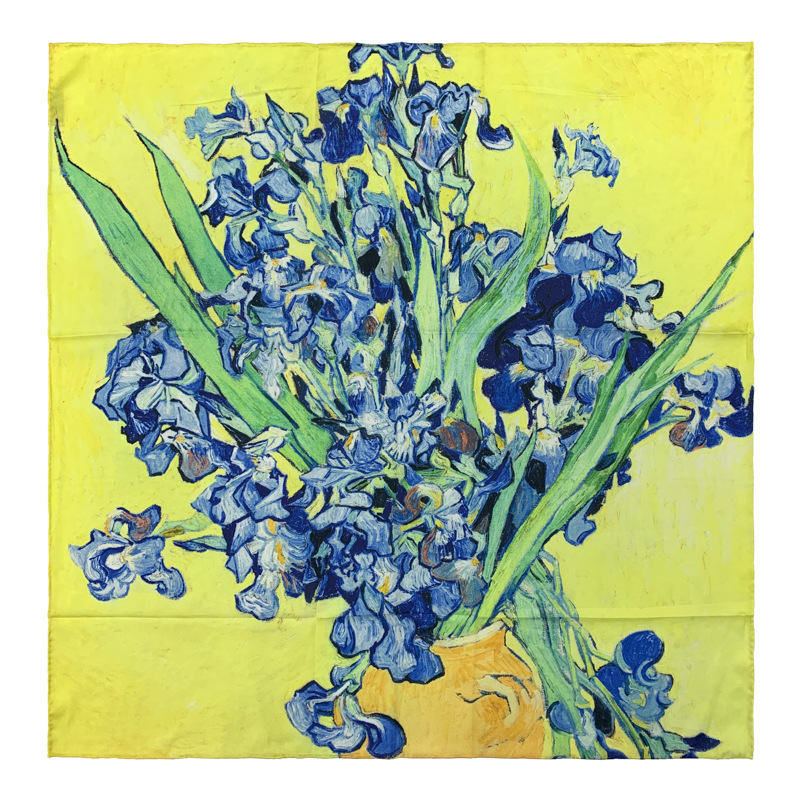 梵高油画鸢尾花高端外贸斜纹文艺仿真丝巾女士围巾90cm小方巾披肩