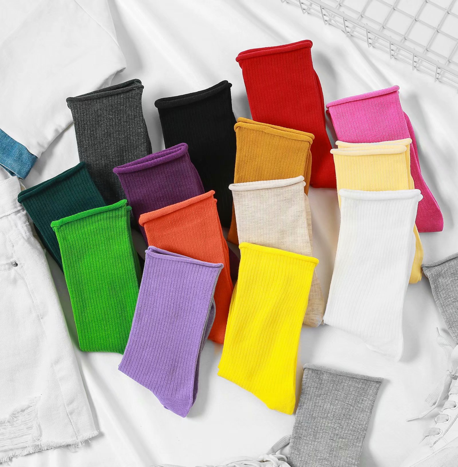 日韩袜子纯色袜子女春秋学院风时尚竖条纹短袜东大门卷边堆堆袜潮