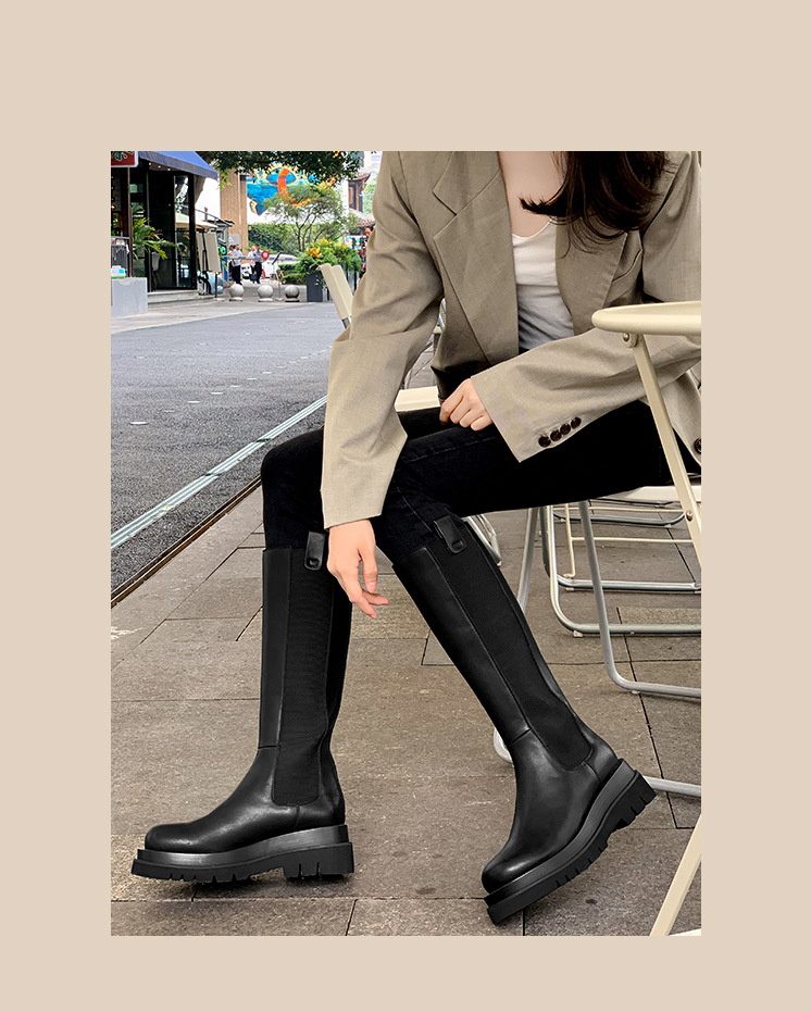 欧美风2020秋冬新款牛皮圆头厚底高筒女靴 时尚烟囱靴时装靴潮x20