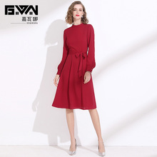 秋季女装2023新款红色连衣裙显瘦系带收腰长袖雪纺裙气质中长款