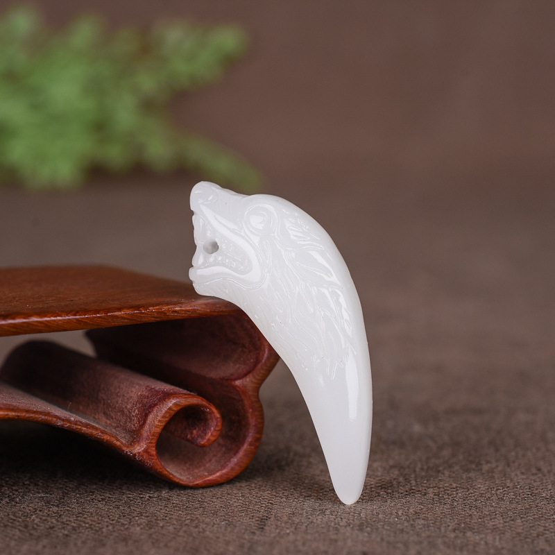 名缘玉器和田白玉狼牙吊坠狼牙首饰项链外蒙料男女款玉坠挂件饰品