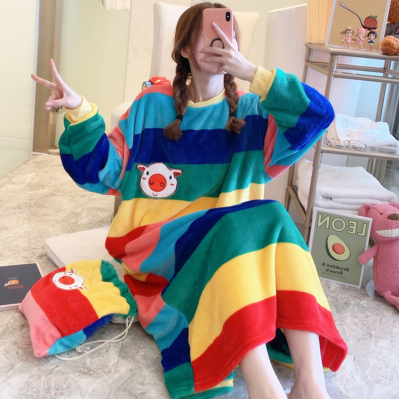 睡裙女秋冬季珊瑚绒长款甜美可爱睡衣冬天法兰绒加厚宽松大码裙子