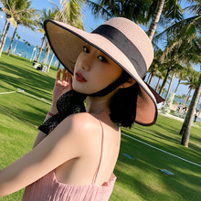 遮阳帽子女夏天小清新蕾丝绑带海边防晒沙滩帽可折叠太阳草帽度假