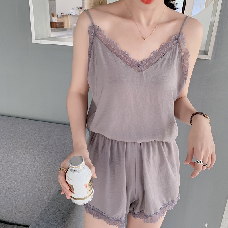 Home Wear Suit Women's Summer Shorts Two-Piece Sling Sexy Loose Pajamas Pajama Pants Can Be Worn outside Ice Silk Thin