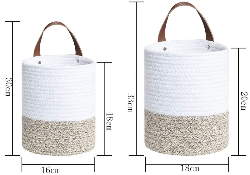 Cotton String Hanging Basket Wall Basket Small Basket with Leather Handle, Storage Bucket Cotton String Handle Storage Rack Plant Basket