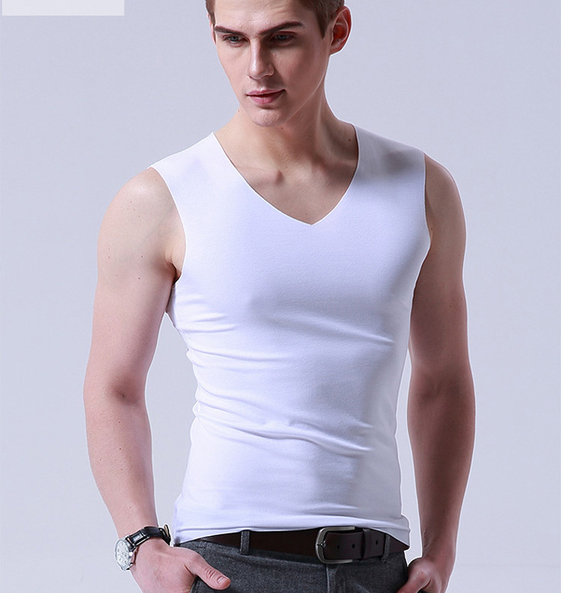 New Men's Ice Silk Tailor Vest White Summer Tight Wide Shoulder V-neck Exercise Sleeveless Basic Thin