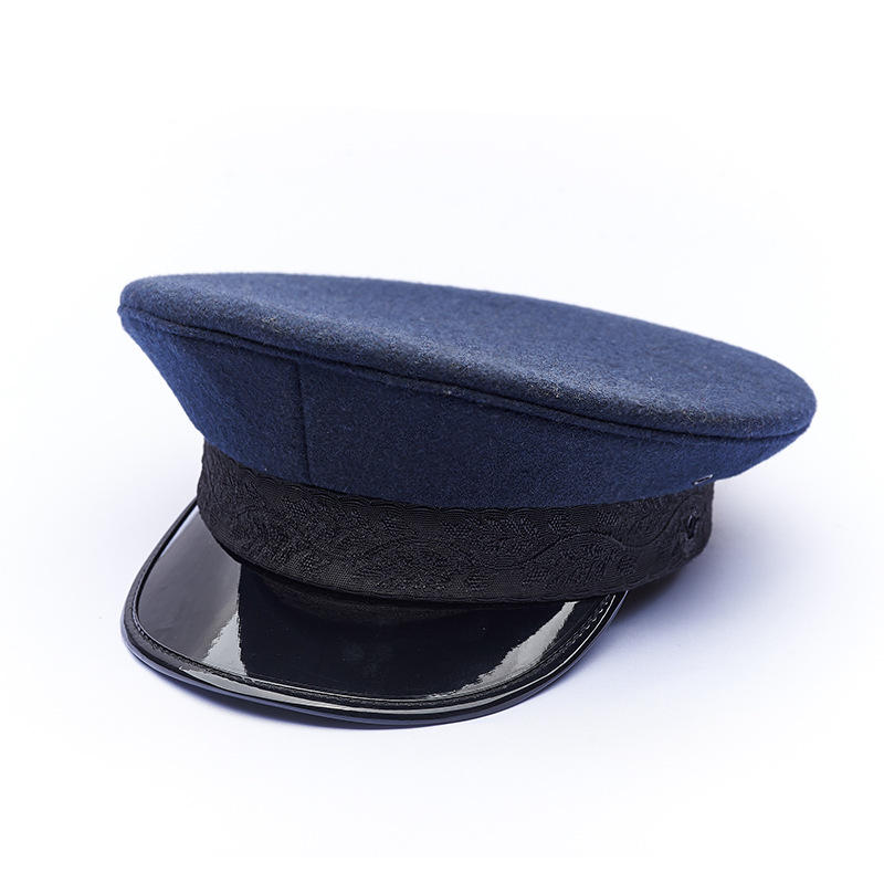 厂家定做安检员列车长乘务员制服帽子值勤帽藏蓝色毛呢男士大盖帽