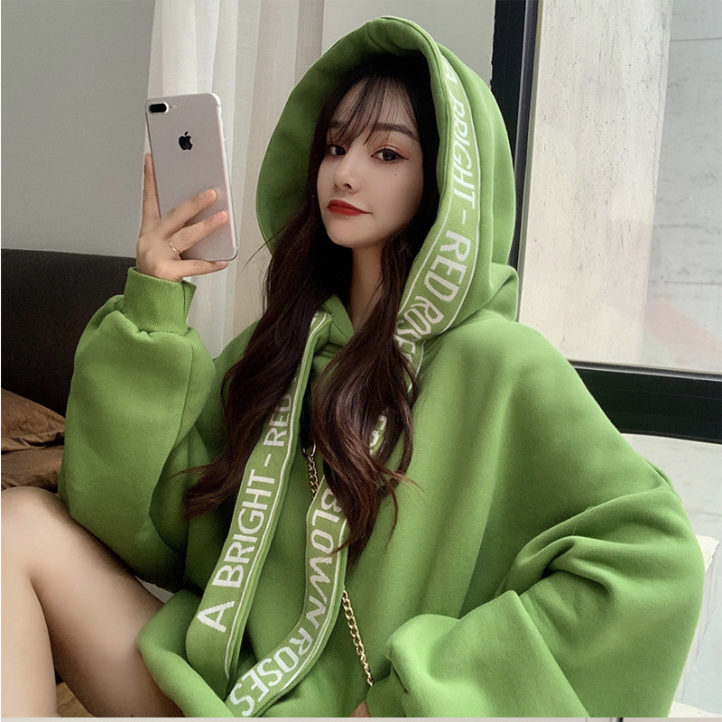 2021新款女士春秋冬牛油果绿卫衣潮牌宽松慵懒风加绒加厚连帽外套