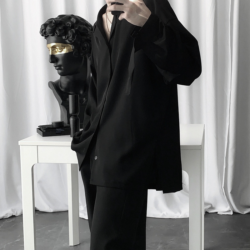 新款暗黑禁欲系黑色白色衬衫男长袖韩版设计感慵懒风气质衬衣男白