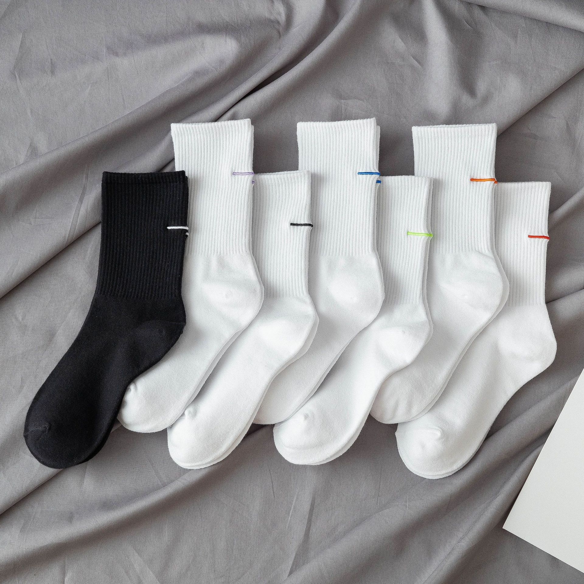 袜子女新款白色竖条纹中筒袜ins潮秋季纯色棉袜韩国百搭堆堆袜女