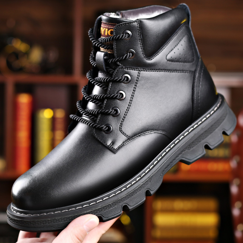 2021 New Winter Men's Warm Shoes Fleece-lined Thick Wool Cotton Leather Shoes Simple and Comfortable Soft-Soled Martin Boots