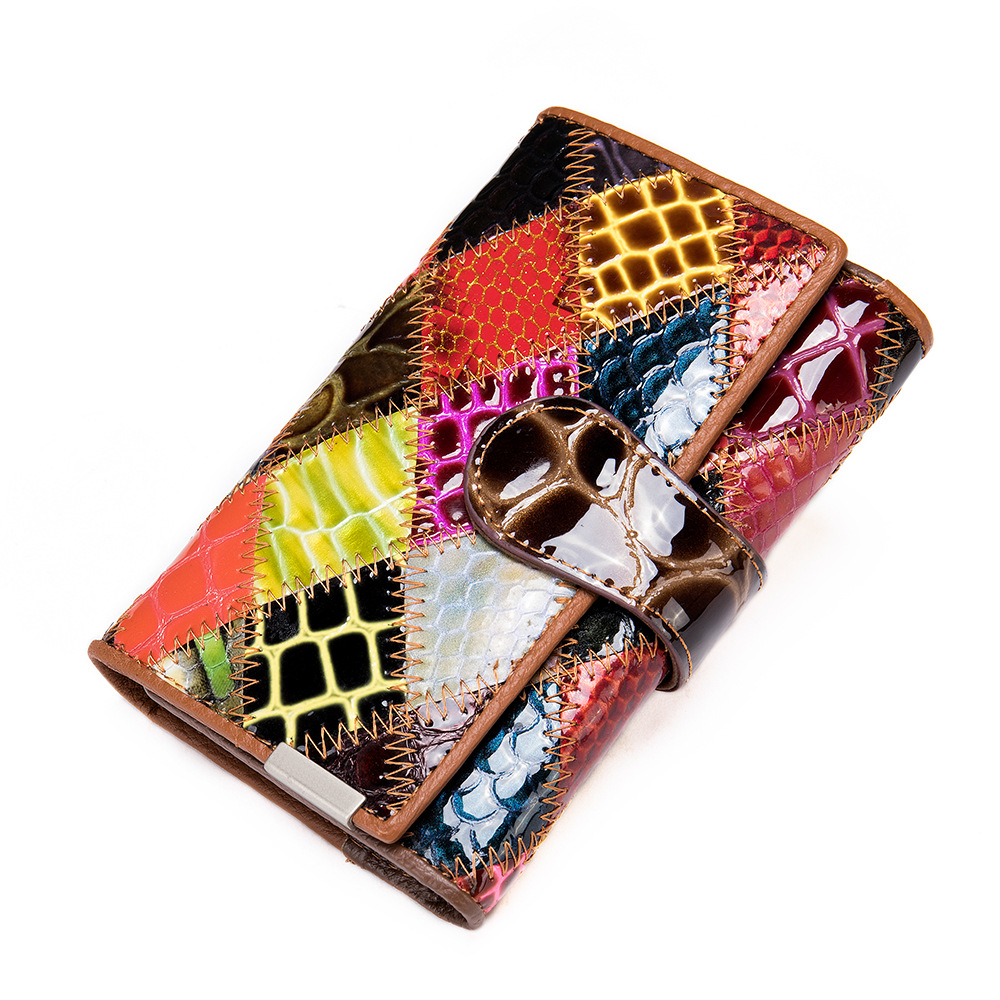 Lady Hand-Carrying Wallet Women's Long Colored Mosaic Coin Purse Women's Zipper Phone Bag Genuine Leather Wallet Wholesale