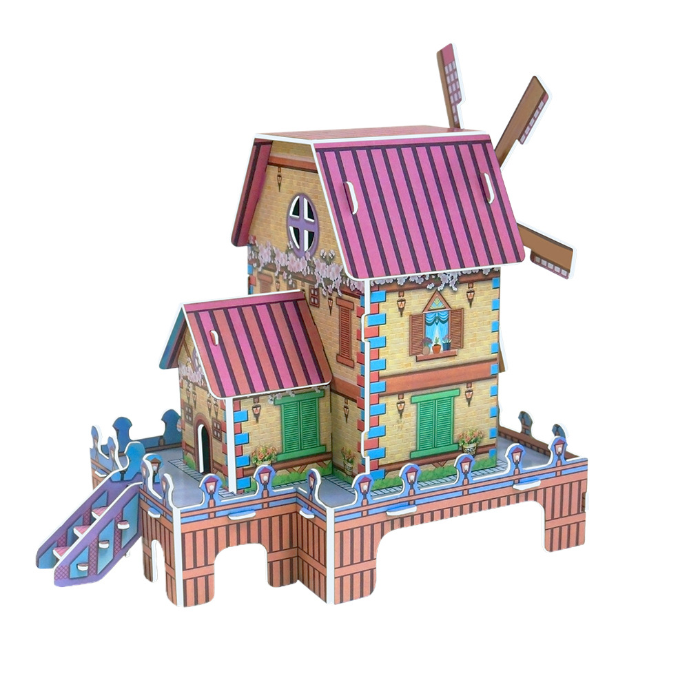 跨境3d立体泡沫eps拼图 拼装diy手工房屋风车拼图带八音琴音乐
