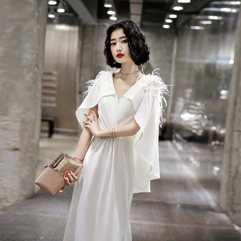 白色晚礼服裙2020新款气场女王宴会仙气质长款名媛高贵轻奢性感女