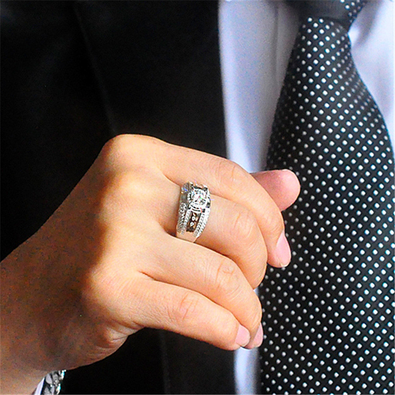 满钻群镶嵌钻戒镀白金莫桑石钻戒潮钻石霸气潮男欧美个性男款戒指