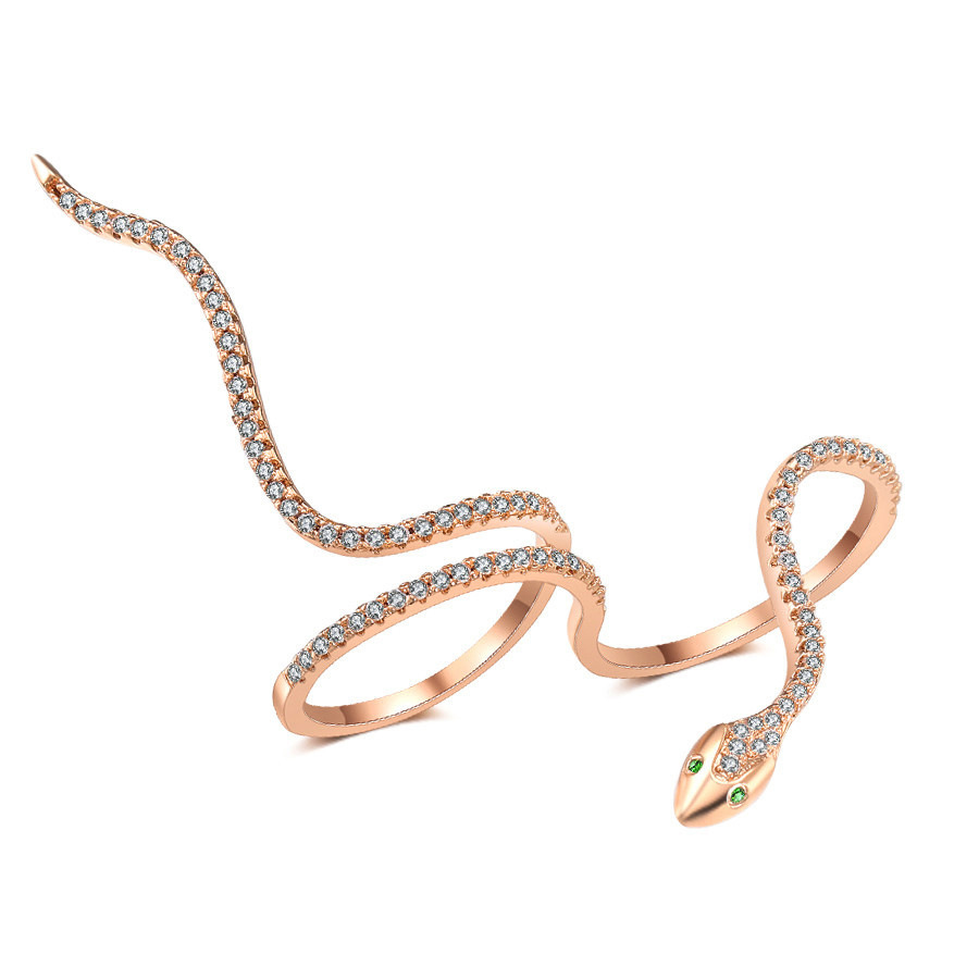速卖通新款欧美时尚创意蛇形戒指铜镀真金微镶锆石开口戒指女批发