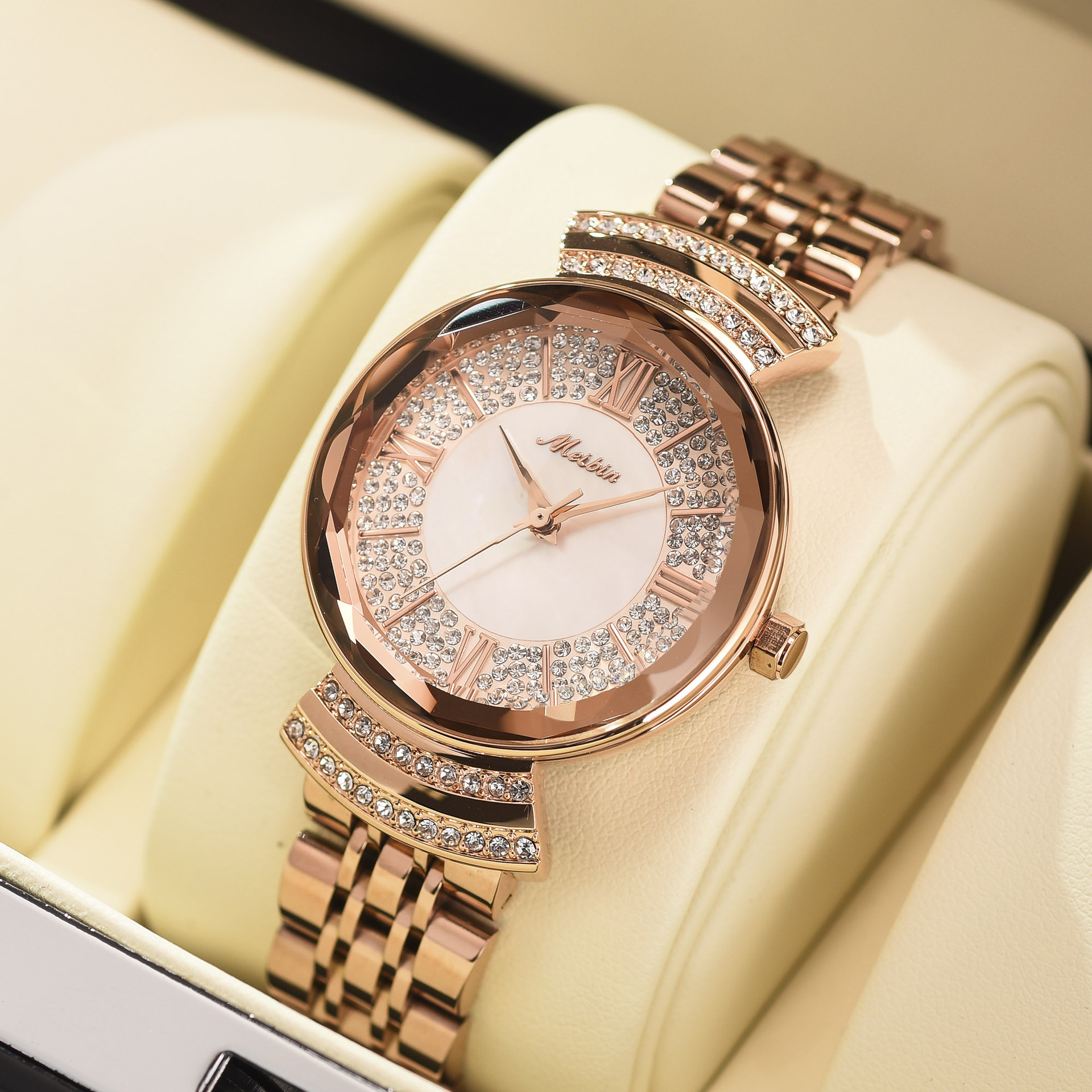 美宾meibin 直播同款正品女士钢带扇形手表石英防水1352 一件代发