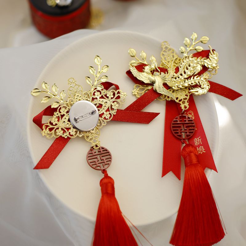 批发中式婚礼龙凤流苏胸花 新娘新郎结婚襟花 秀禾礼服喜庆