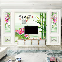 3D立体客厅电视背景墙壁纸山水壁画竹子中式墙纸荷花墙布