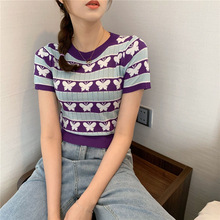 跨境风夏季新款短袖女圆领套头条纹针织打底衫修身T恤紫色上衣