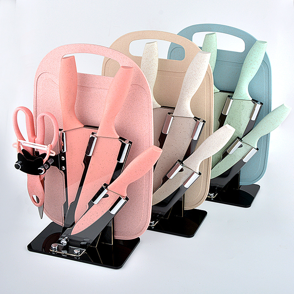 Small Straw Kitchen Knife Set Household Small Kitchen Knife Chef Knife Fruit Knife Kitchen Scissors Cutting Board Knife Holder Gift Knife Set