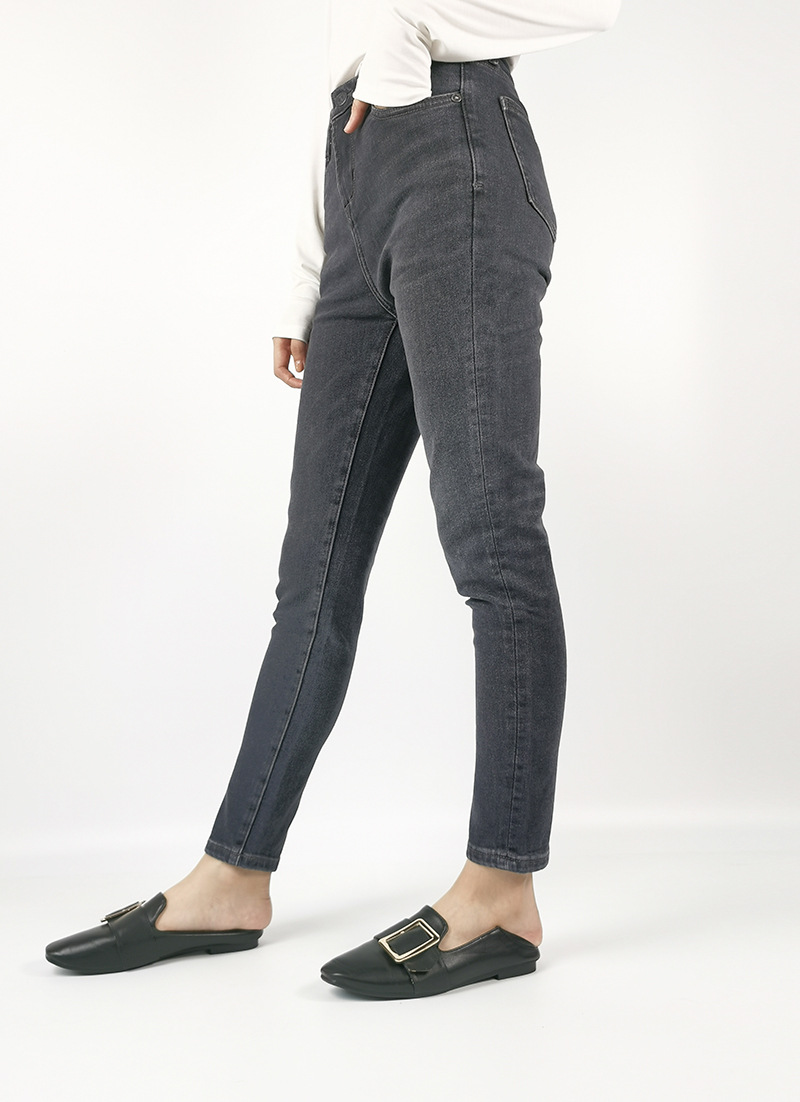 欧美ch杨幂同款蓝灰色特种面料 高腰弹力显瘦九分小脚牛仔裤女