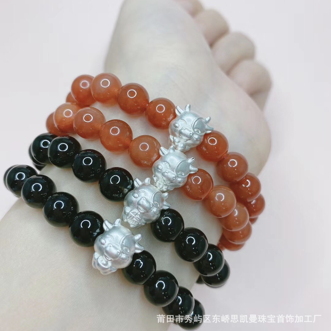 银牛手链本命年五福牛手串3d硬银生肖手链男女成人儿童宝宝红绳