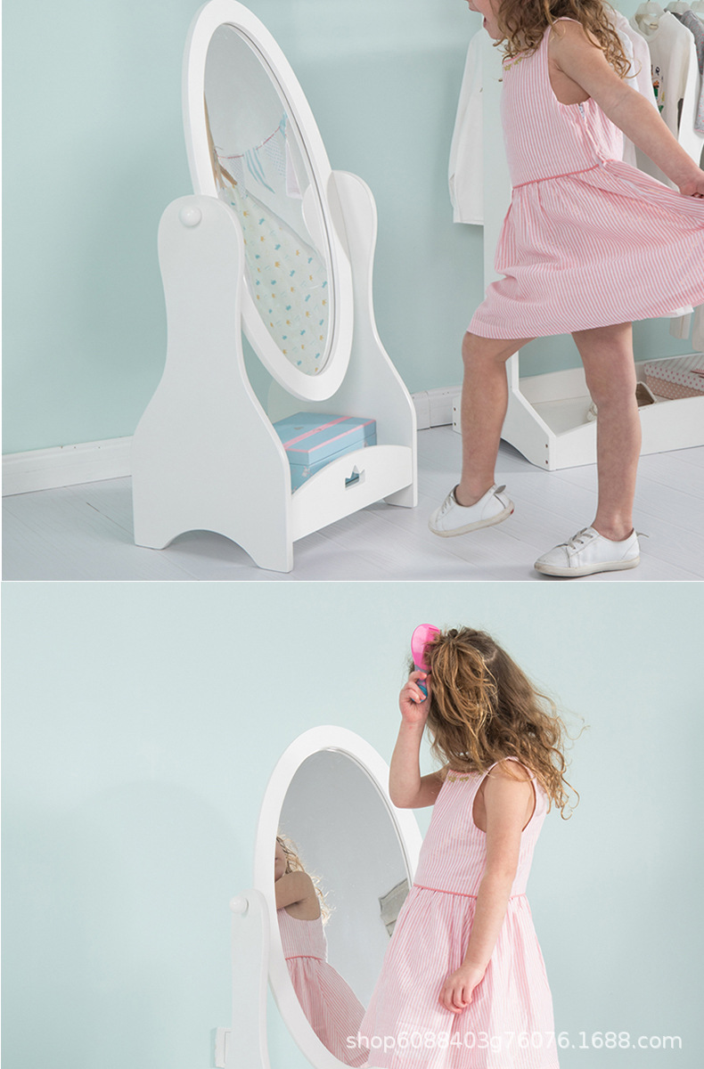 环宇北欧风儿童全身镜可调节宝宝穿衣镜白色简约落地镜储物落地镜