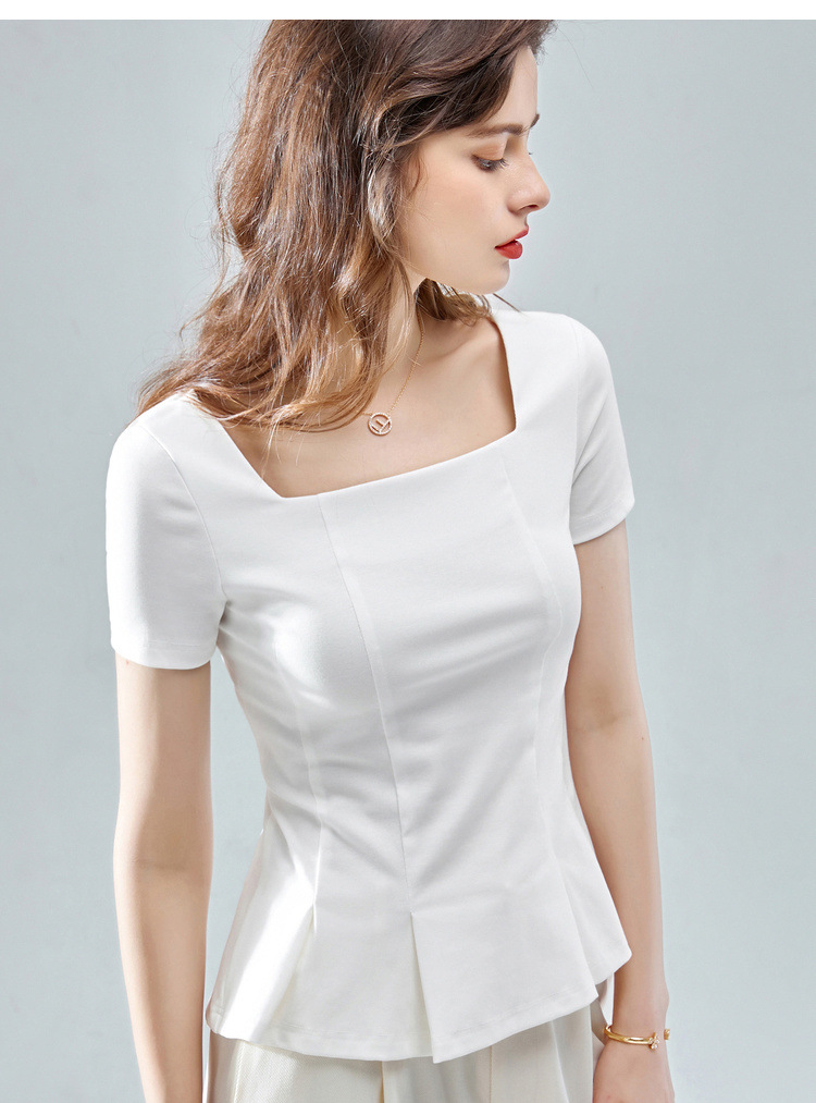 短袖t恤女装2020夏季新款棉体恤收腰压褶衣摆法式复古方领上衣