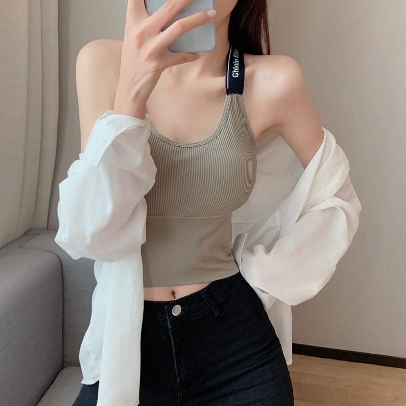 秋冬装设计感小众外穿字母宽肩带挂脖大u露背吊带背心内衣女上衣