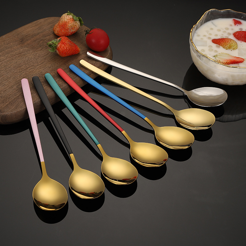 跨境韩式不锈钢勺子 304镀钛甜品咖啡勺西餐厅长柄搅拌勺定制批发