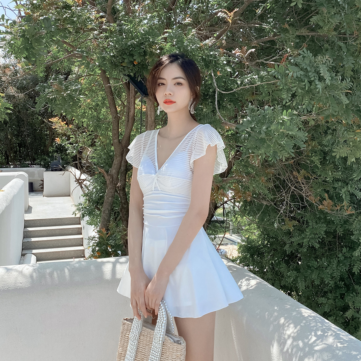 韩国飞袖高腰露背泳衣