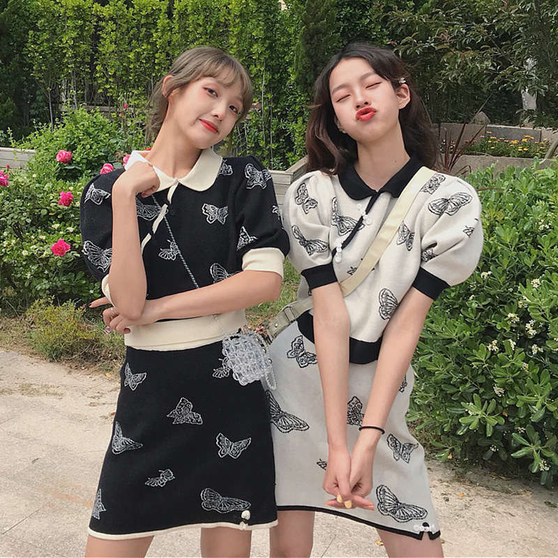 网红闺蜜装套装复古盘扣蝴蝶短袖上衣a字半身裙女装夏季两件套潮