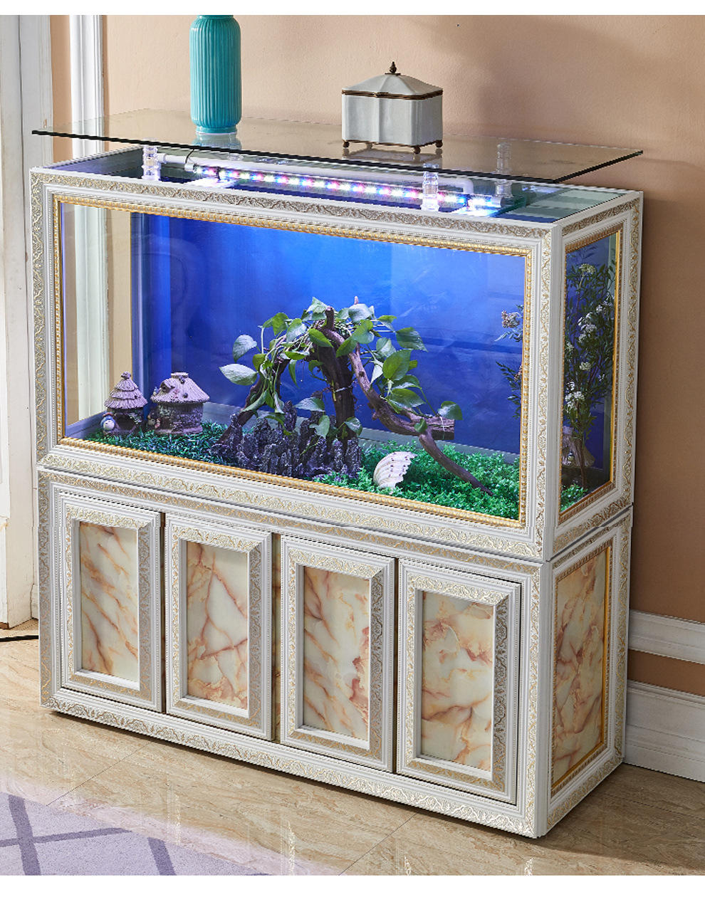 鱼缸大型客厅落地免换水方形鱼缸家用中型下过滤底滤龙鱼缸水族箱