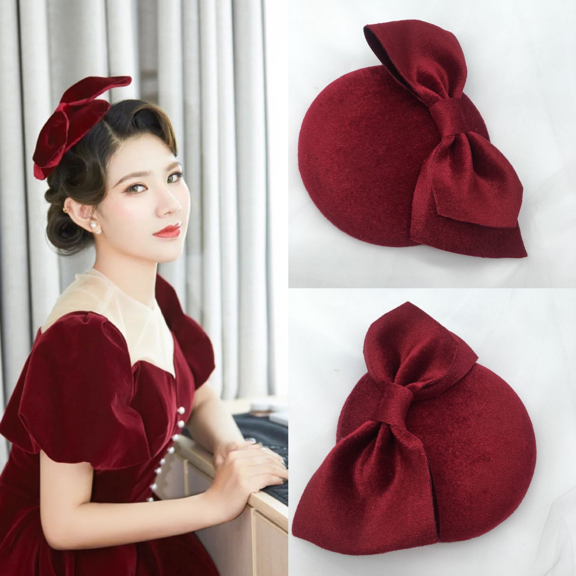 酒红色英伦钻石绒复古名媛小礼帽晚宴礼服旗袍配饰影楼拍摄帽饰