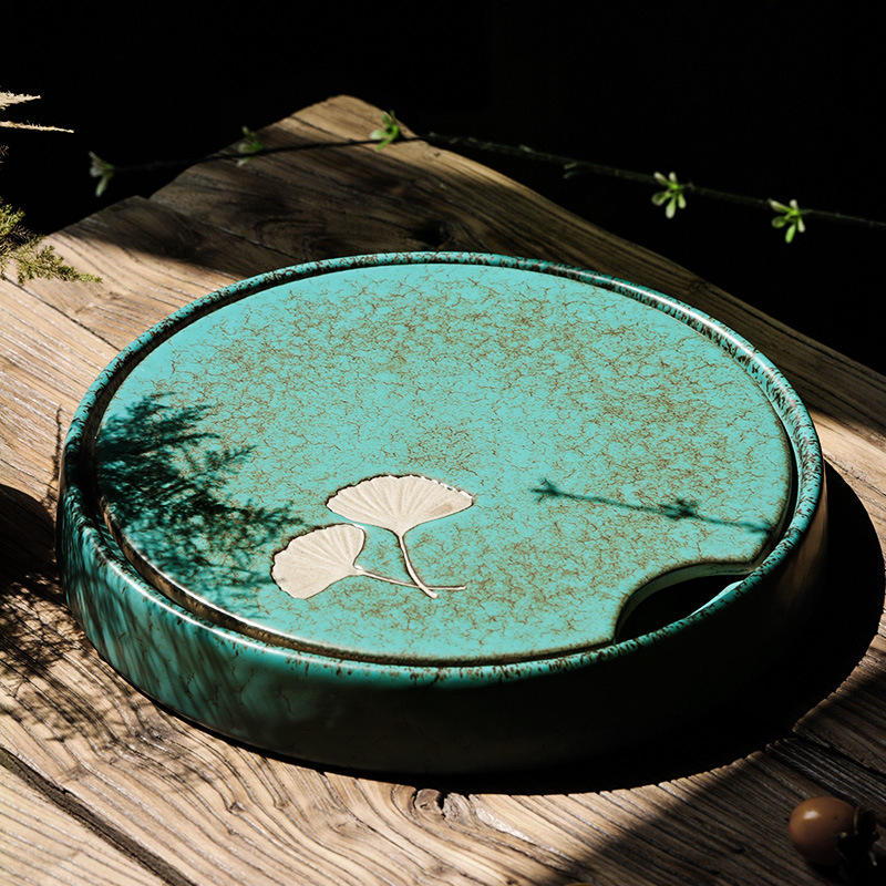 杏叶陶瓷茶盘家用圆形干泡台小型创意复古日式简约储水茶托盘