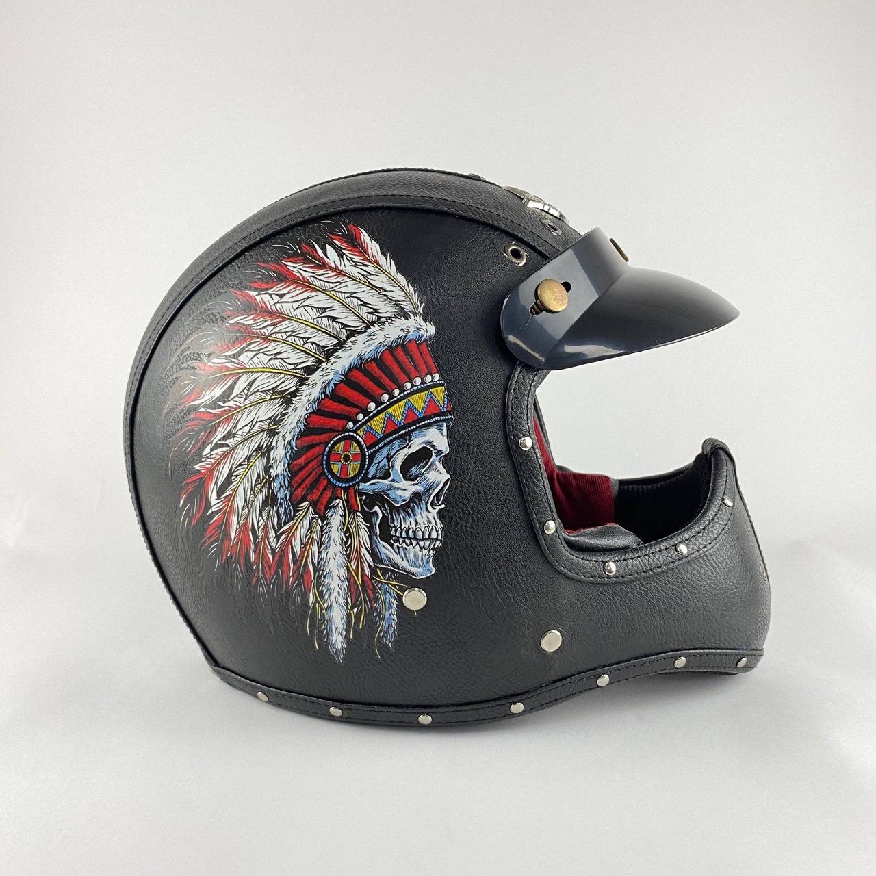 摩托车复古哈雷头盔手工皮革印第安人个性全盔机车户外骑行越野盔