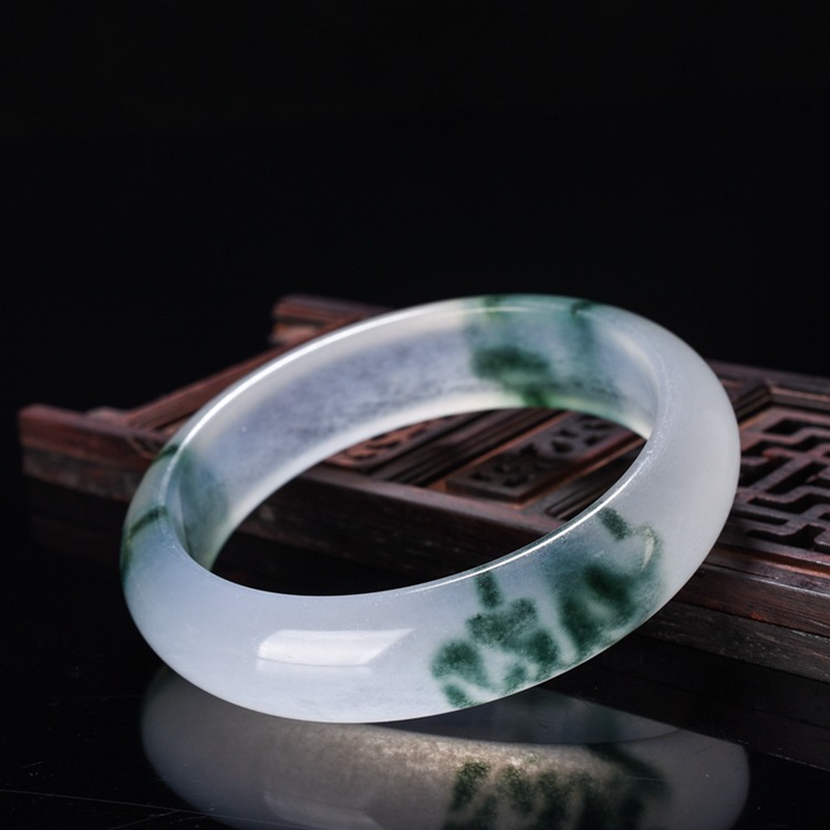 翡翠色飘花玉手镯玉石冰种飘花玉镯子白冰透镯子女款