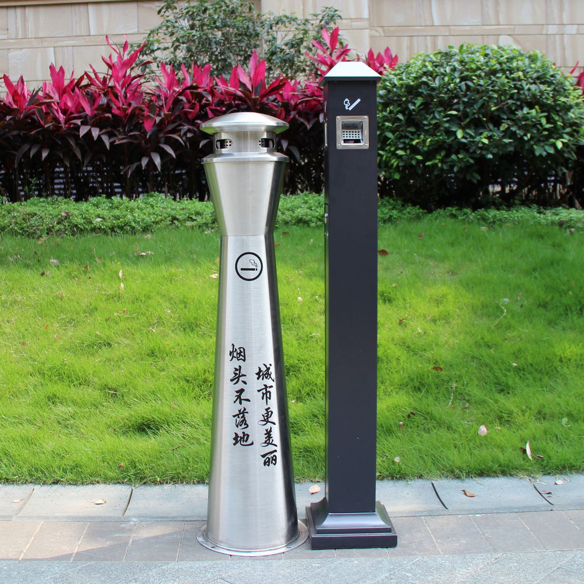 户外立式不锈钢烟灰桶批发圆柱形烟蒂柱定制灭烟柱吸烟柱烟灰柱