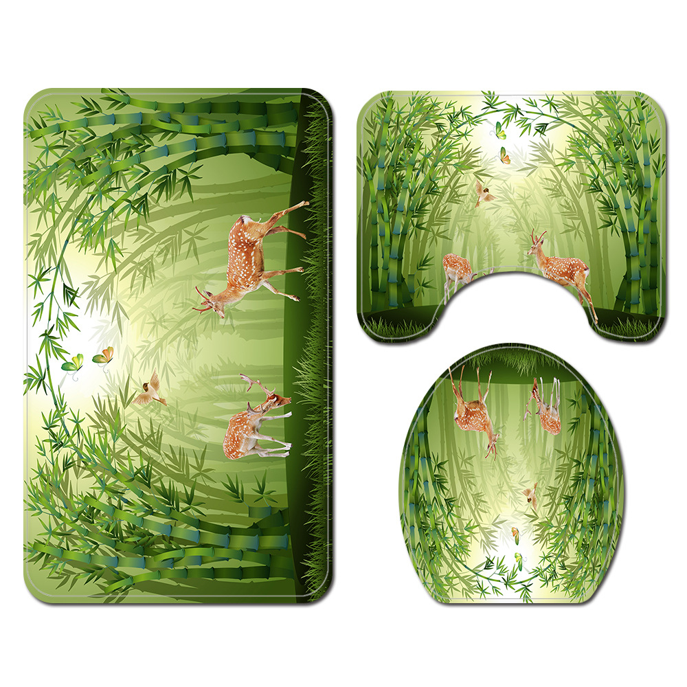 Painted Print Toilet Floor Mat Four-Piece Bamboo Forest Sika Deer Polyester Shower Curtain Cross-Border Spot Supply with Hook