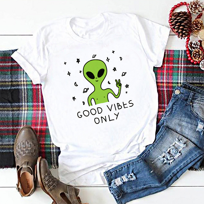 亚马逊ebay跨境女装 外星人good vibes有趣的印花图案短袖t恤