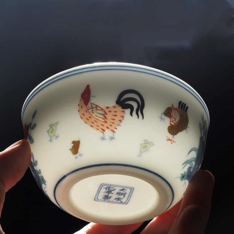 8亿大明成化斗彩鸡缸杯德化纯手工仿古玩功夫茶具茶杯品茗杯