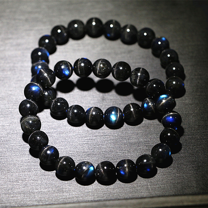 天然水晶宝石 拉长石手链 黑拉长石 闪电纹粒粒强蓝光 8a