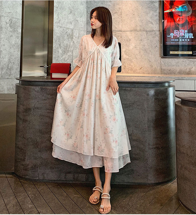 夏装连衣裙长款过膝仙女超仙宽松时尚款印花夏天雪纺裙子孕妇潮妈