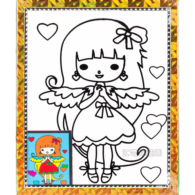 摆摊大号植绒金粉画水彩画填色配6支笔夜市儿童涂鸦画板幼儿手工