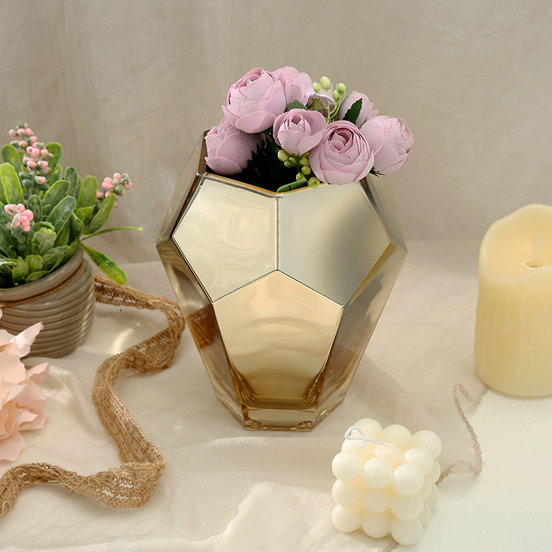 金色菱形花瓶渐变色透明水培花瓶摆件餐厅办公装饰艺术器皿